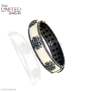 Handmade 925 Sterling Silver Pave Diamond With White Enamel Designer Bangle Jewelry For Women