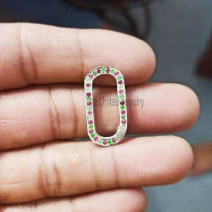 Multisapphire 925 Sterling Silver Pave Charm Holder, Multisapphire Handmade Sterling Silver Oval Shape Charm Holder Jewelry