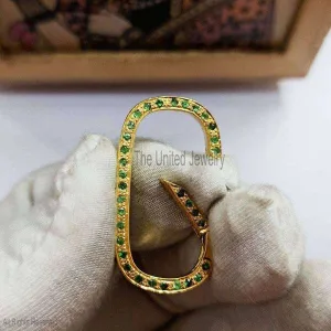 Yellow Gold Plating 925 Sterling Silver Pave Tsavorite Charm Holder Lock, Handmade Sterling Silver Tsavorite Oval Shape Enhancer Charm Holder Jewelry