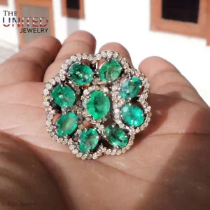 925 Sterling Silver Emerald With Diamond Flower Shape Designer Ring, Emerald Flower Design Ring, Handmade Silver Emerald Flower Designer Ring Jewelry For Women's