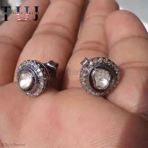 925 Sterling Silver Pave Diamond With Polki Handmade Round Studs Earrings For Women