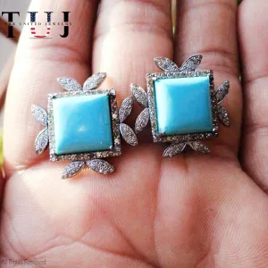 925 Sterling Silver Pave Diamond With Turquoise Gemstone Studs Earrings For Women
