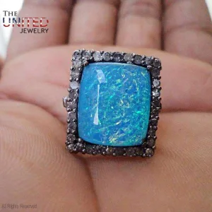 Handmade 925 Sterling Silver Pave Diamond Opal Ring Jewelry, Opal Ring, Silver Ring, Diamond Ring