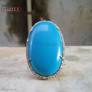 Sleeping Beauty Turquoise Natural Pave Diamond Sterling Silver Ring, Turquoise Ring, Handmade Sterling Silver Jewelry