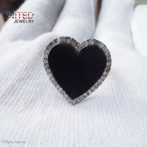 Natural Pave Diamond Handmade Black Enamel Heart Shape Sterling Silver Ring Jewelry, Heart Diamond Ring, Enamel Heart Ring