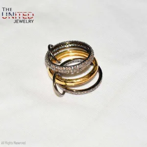 14k Gold Middle Ring & Small Two Connector With Natural Pave Diamond Silver two Diamond Silver Three Finger Band Ring