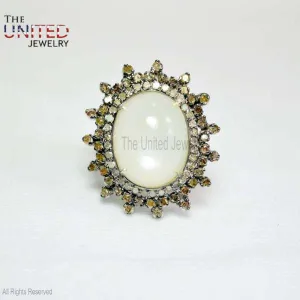 Moonstone Pave Diamond Sterling Silver Ring, Moonstone Silver Ring, 925 Sterling Silver Gemstone Diamond Ring, Handmade Silver Moonstone Diamond Ring Jewelry