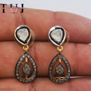 925 Sterling Silver Pave Diamond With Polki Handmade Designer Dangles Earrings For Women