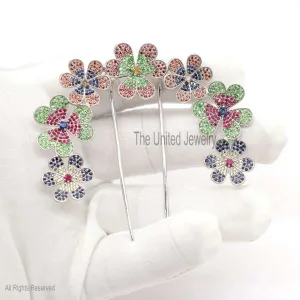 Sterling Silver Flower Gemstone Hair Pin Jewelry, Hair Pin Lock, Silver Hair Pin Finding Jewelry, Multisapphire Pin