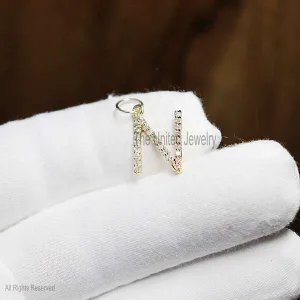 14k Gold Diamond N Alphabet Pendant, Customize Initials Charm, Diamond Letter Pendant, Pendant For Gifts, A To Z Initial Letter Charm