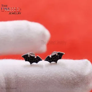 925 Sterling Silver Black Diamond Bats Stud Earrings, Silver Black Diamond Bats Earrings, Handmade Bats Earrings Jewelry