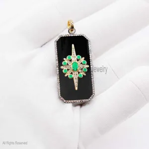 Natural 925 Sterling Silver Handmade Emerald With Diamond Black Enamel Dog Pendant Jewelry For Women's