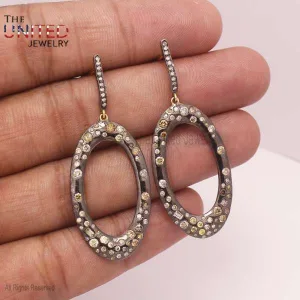 Natural Pave Diamond Sterling Silver Dangle Earrings, Silver Earrings, Diamond Silver Earrings Jewelry