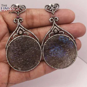 Natural Pave Diamond Sterling Silver Black Labradorite Dangle Earrings, Silver Earrings, Diamond Silver Earrings Jewelry, Handmade Earrings Jewelry