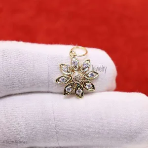 14K Gold Diamond Flower Pendant, 14k Gold Diamond Flower Necklace, Flower Charms, 14k Gold Flower Charms, Handmade Flower Pendant