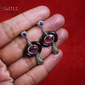 Tsavorite Enamel Snake Dangle Earrings, Tsavorite and Ruby Snake Dangle Earrings, Handmade Silver Dangle Earrings