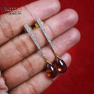 Natural Pave Diamond Sterling Silver Pear Shape Gemstone Designer Dangle Earrings, Silver Earrings, Diamond Silver Designer Earrings Jewelry