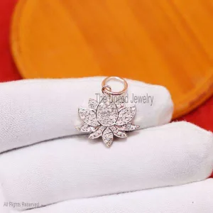 14k Gold Natural Diamond Lotus Flower Pendant, Natural Diamond Lotus Flower Pendant, Gold Flower Pendant, Handmade Gold Diamond Flower Charm