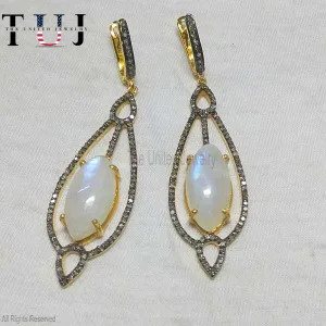 925 Sterling Silver Handmade Pave Diamond With Pearl Designer Dangle Earrings For Women's