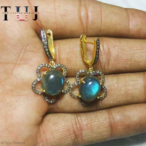925 Sterling Silver Pave Diamond With Labradorite Handmade Designer Dangle Earrings For Women's
