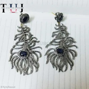 925 Sterling Silver Pave Diamond With Blue Sapphire Handmade Feather Dangles Earrings For Women