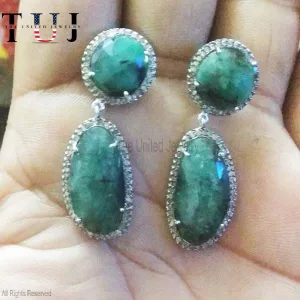 925 Sterling Silver Pave Diamond With Gemstone Handmade Designer Dangles Earrings For Women