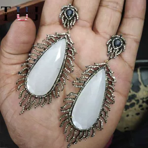 925 Sterling Silver Pave Diamond With Moonstone Designer Dangles Earrings For Women