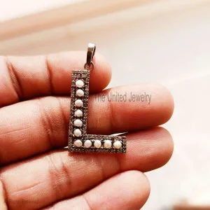 Natural Pave Diamond Handmade L Shape Pearl Monogram Pendant Jewelry, Personalized Silver Monogram Jewelry