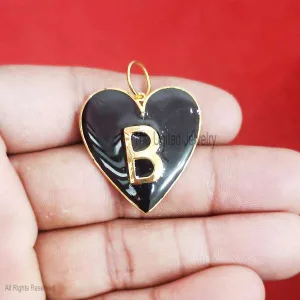 Black Enamel Heart Shape 925 Sterling Silver Pendant, Enamel Heart Pendant, Silver Love Heart Pendant, Initial Pendant