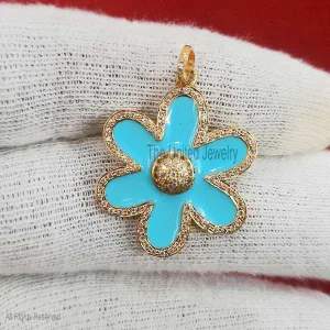 Turquoise Enamel CZ Flower Pendant Jewelry, Silver Handmade Designer Flower Pendant Jewelry