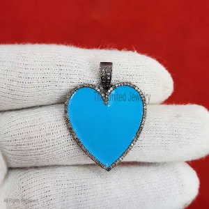 Turquoise Enamel Heart Pendant, Enamel Heart Pendant, Pave Diamond Heart Pendant, 925 Sterling Silver Diamond Pendant, Enamel Heart Charm Pendant