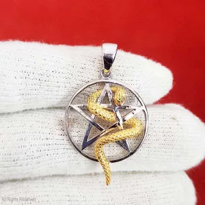 Pentagram 925 Sterling Silver Handmade Round Shape Pentagram Pentacle Snake Pendant Jewelry, Silver Pentagram Snake Pendant