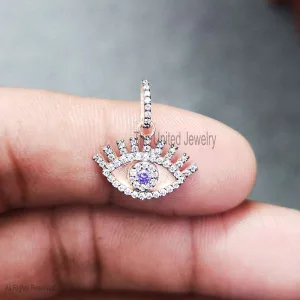 925 Sterling Silver Evil Eye Diamond Charm Pendant, Silver Evil Eye Charm Pendant, Handmade Silver Evil Eye Charms Necklace