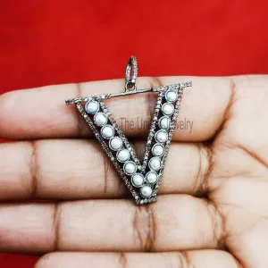 925 Sterling Silver Natural Pave Diamond Handmade V Shape Pearl Monogram Pendant Jewelry, Personalized Silver Monogram Jewelry