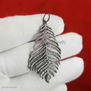 Sterling Silver Natural Diamond Feather Wings Pendant, Diamond Leaf Pendant, Handmade Silver Wings Pendant Jewelry