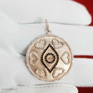 925 Silver Cubic Zircon Round Disc Evil Eye With Heart Charms Pendant Jewelry, Silver Evil Eye Heart Charm Pendant Jewelry