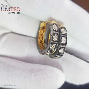 Natural Polki Pave Diamond Round Hoop Earrings, Rose Cut Diamond Handmade Hoop Earrings For Women’s