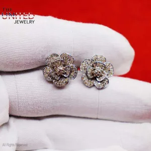 Natural Pave Diamond Flower Shape Stud Earrings Jewelry, Flower Diamond Stud, Sterling Silver Pave Diamond Stud Earrings
