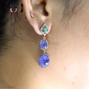 925 Sterling Silver Pave Diamond With Blue Sapphire And Tsavorite Handmade Designer Dangles Earrings For Women