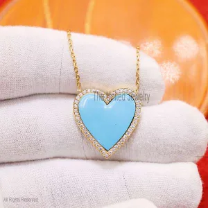 925 Sterling Silver Diamond Pave and Turquoise Heart Necklace, Heart Necklace Jewelry For Women's