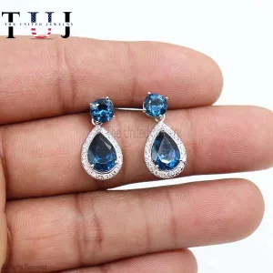 925 Sterling Silver Pave Diamond With Tanzanite Handmade Designer Dangles Earrings For Women