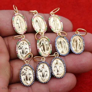 14k Gold Miraculous Medal with Multistones Charm, 14k Gold Mother Marry Charm, 14k Gold Christ Charm Pendant