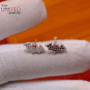 925 Sterling Silver Black & White Diamond Bats Stud Earrings, Silver Ruby Eyes Bats Stud Earrings, Handmade Bats Earrings Jewelry