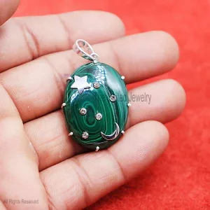 925 Silver Malachite Pendant, Star and Crescent Moon Malachite Pendant, Diamond Malachite Pendant, Silver Malachite Pendant