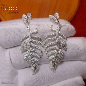 925 Sterling Silver Pave Diamond Leaf Dangle Earrings, Handmade Pave Diamond Leaf Dangle Earrings Jewelry For Women, Leaf Dangle Earrings
