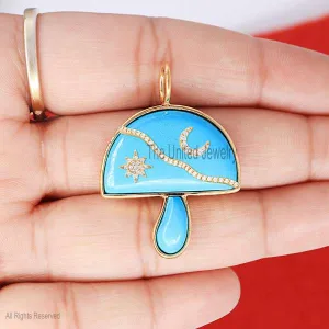 925 Sterling Silver Pave Diamond Star Moon Turquoise Magic Mushroom Pendant, Silver Mushroom Necklace, Gemstone Mushroom Pendant, Diamond Turquoise Mushroom pendant Jewelry