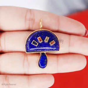 Lapis Lazuli Gemstone Handmade Magic Mushroom Sterling Silver Pendant Necklace, Designer Mushroom Pendant
