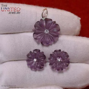 Amethyst Carving Flower Silver Charm, Handmade Amethyst Carving Flower Earrings, Carving Flower Handmade Charm With Earrings Set Jewelry