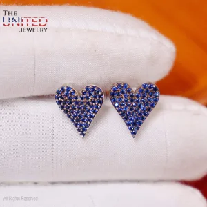 925 Sterling Silver Heart Studs, Silver Blue Sapphire Heart Stud Earrings, Handmade Silver Diamond Heart Stud Earrings Jewelry For Women's