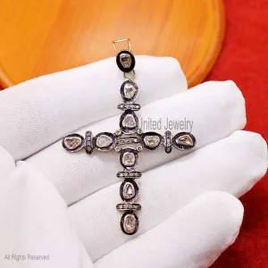 Sterling Silver Pave Diamond Polki Designer Cross Pendant Jewelry, Silver Designer Pendant, Diamond Designer Pendant, Handmade Diamond Pendant